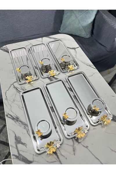 NEWTREND Züccaciye Baton 2 Different Model Silver 6-Piece Steel Presentation Tray and Butterfly Macaron Holder