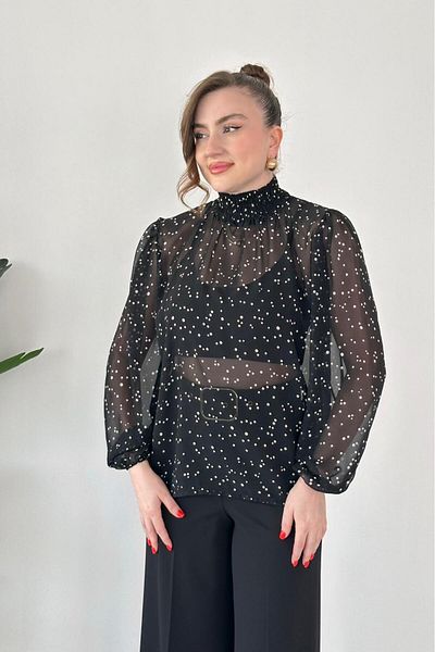 MaziButik Polka Dot Chiffon Blouse Black