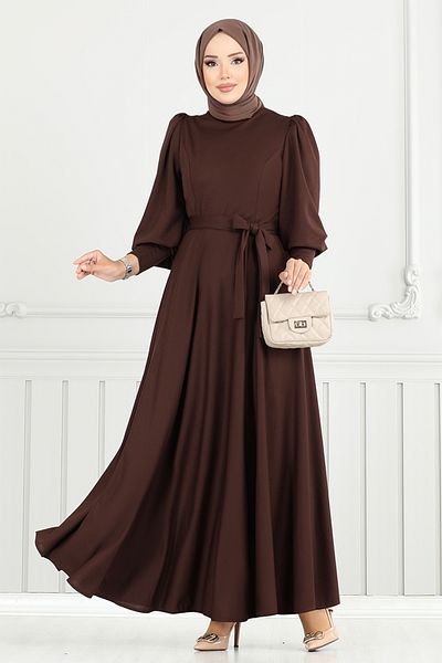 ModaMerve Balloon Sleeve Crepe Dress 4539Alg1079-M Brown