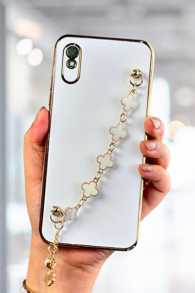 Fibaks Xiaomi Redmi 9A Uyumlu Kılıf Parlak Kenarlı Altın İşlemeli Tutamaçlı K...