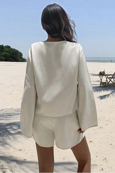 MODAGEN Women's Beige Tie Detail Aerobin Long Sleeve Shirt Shorts Set