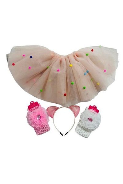 OEM Set fustita tulle moale si fin, roz pudra cu bilute pom-pom si 1 coronita si 2 bentite elastice