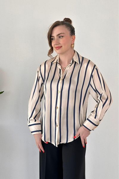 MaziButik Striped Satin Shirt Navy Blue