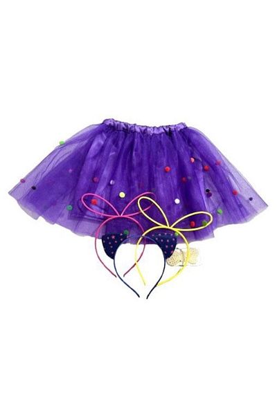 OEM Set fustă din tul, mov cu mărgele pom-pom, coroane și agrafă de păr