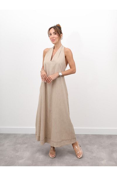 Maldia Shop Women's Cross Back Detail Beige Strap Dress