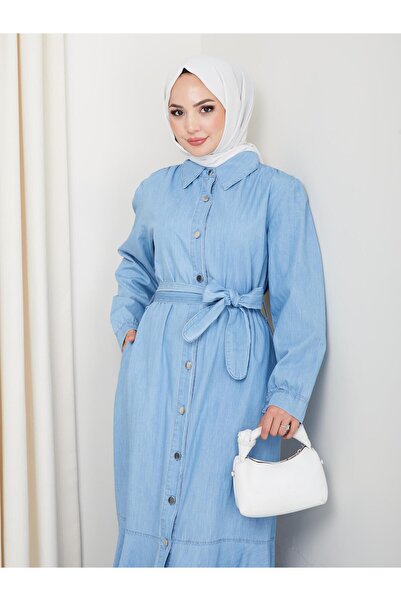 HARMAN BUTİK Γυναικείο τζιν φόρεμα με κουμπιά με ζώνη