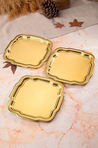 NEWTREND Züccaciye 3-Piece Luxury Edge Line Patterned Gold Daisy Model Stainless Steel Serving, Tea, Coffee Presentation Tray