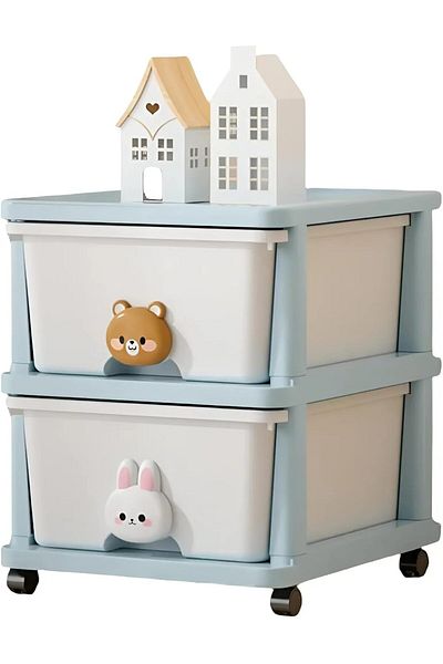 Cozy Nest 2-Layer Kids Nightstand Rolling Storage Cabinet with Drawers Blue and White Organizer with Handles