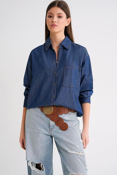 Mixray 4630 Women's Long Sleeve Slim Denim Shirt Navy Blue