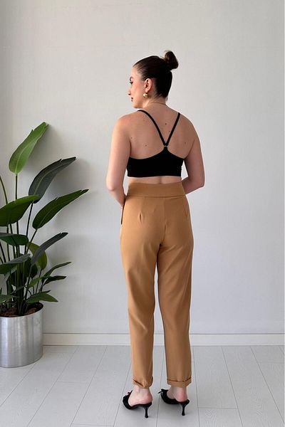 MaziButik Layered Crepe Trousers Camel