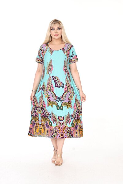 mezura tekstil Plus Size Women's Summer Double Pocket Knee Length Short Sleeve Midi Length Viscose Combed Cotton Dress