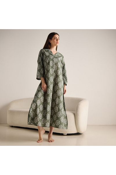 FAV Floral Print Kaftan Night Dress with V-neck