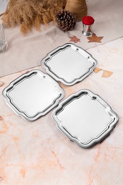 NEWTREND Züccaciye 3-Piece Luxury Edge Line Patterned Silver Daisy Model Stainless Steel Serving, Tea, Coffee Presentation Tray