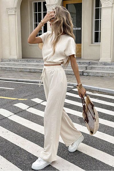 MODAGEN Women's Beige Short Sleeve Crew Neck Crop Pants Bottom-Top Set