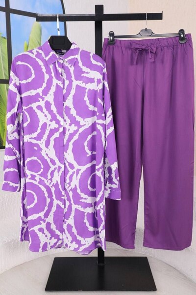 Polologin Butik Battal Size Comfortable Fit Blue Purple Green Viscose Suit