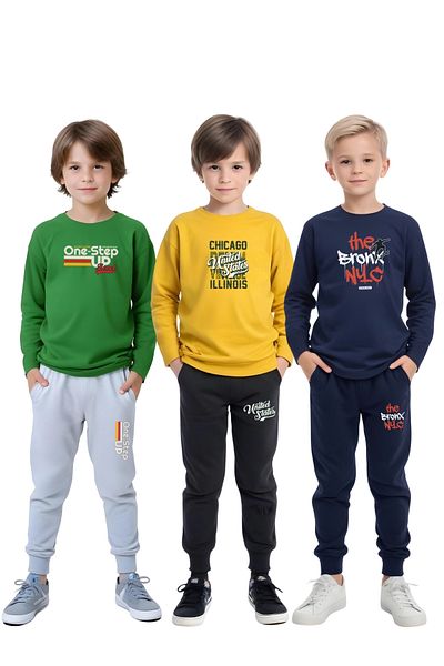 FYK COLLECTİON 3-Piece Round Neck Printed Boys' Top and Bottom Set