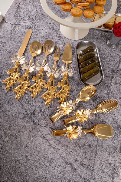 NEWTREND Züccaciye 8-Piece Butterfly Handle Gold Serving Set and Butterfly Tongs Set 18/10 Stainless Steel