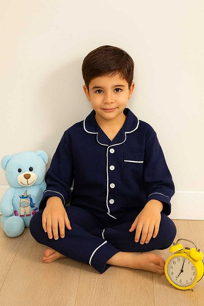 Tosyalı Burak Bebe Shirt Collar Buttoned Unisex Kids Muslin Pajama Set
