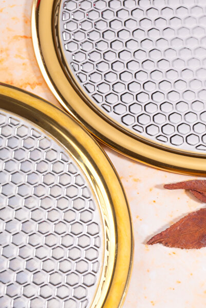 NEWTREND Züccaciye 6-Piece Luxury Medium Patterned Edge Coated Round 22 cm Model Silver Serving, Tea, Coffee Presentation Tray