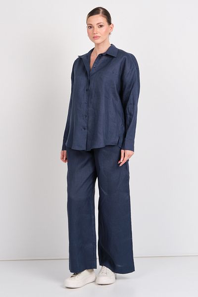 AYHAN Women's Long Sleeve Single Pocket 100% Linen Shirt 0941 Navy Blue