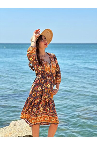 Gönülden Tasarım Ethnic Flower Patterned Casual Indonesian Collar Dress