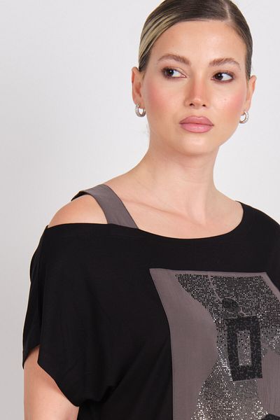 DAIDO Women's Low Sleeves and Shoulder Tape Stone Detailed Blouse 5821 Black