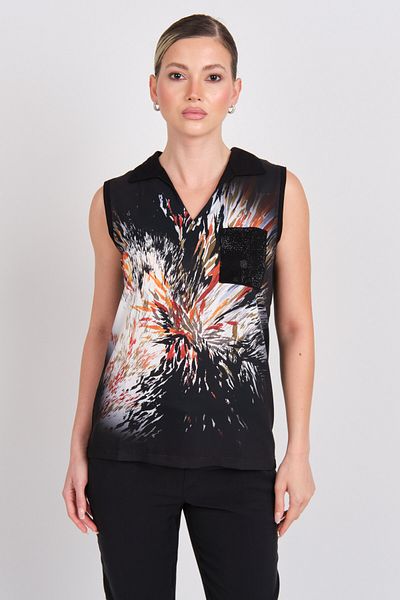 DAIDO Women's Patterned Sleeveless Ornamental Pocket Blouse 4720 Black