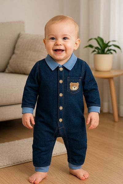 tinytrends Baby Boy Cotton Teddy Bear Embroidered Denim Jumpsuit