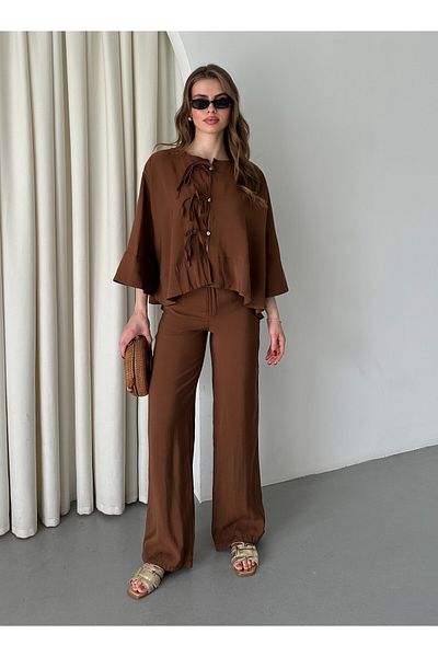 Laluvia Brown Collar Stitching Detailed Blouse Pants Set - 9002