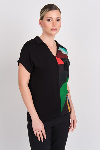 DAIDO Women's Patterned Ornamental Pocket Short Sleeve Blouse 5840 Black