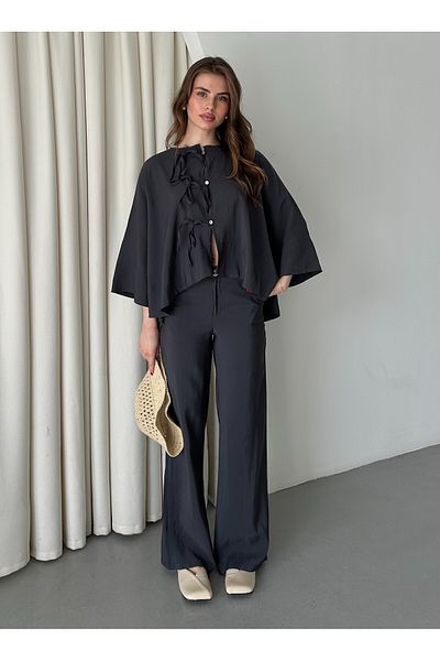 Laluvia Anthracite Collar Stitching Detailed Blouse Trousers Set - 9002