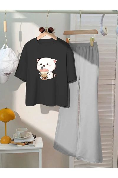 npLStore Children's Cat Printed T-Shirt Spanish Leg Tracksuit Set