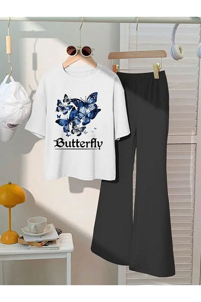 npLStore Children's Blue Butterflies Printed T-Shirt Spanish Leg Tracksuit Set