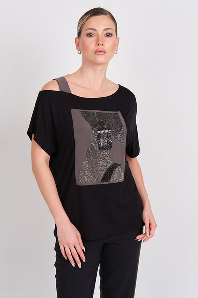 DAIDO Women's Low Sleeves and Shoulder Tape Stone Detailed Blouse 5821 Black
