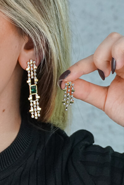 TRENDTAKI أقراط من حجر الزركون الأصلي الزمردي مطلية بالذهب 00377