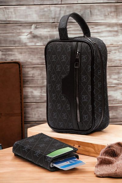 Newish Мъжки кожен портфейл с механизъм и портфолио, клъч, чанта за бръснене, козметика и ежедневна чанта (14X24 см)