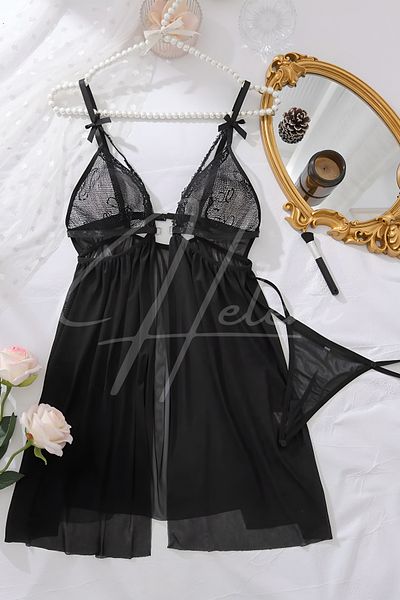Heleni Women's Fancy See-Through Tulle Black Body – Transparent One-Piece Sexy Nightdress
