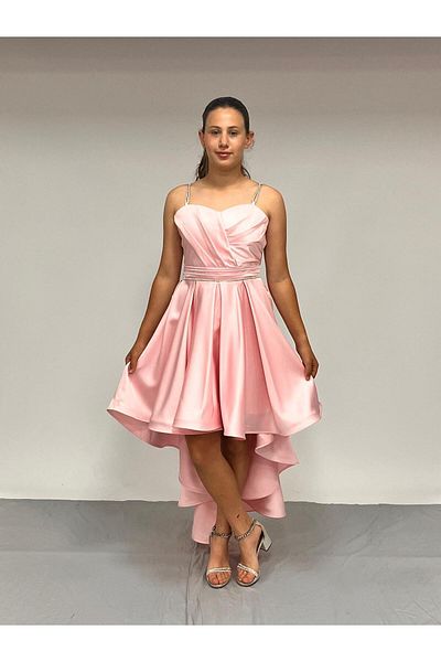 BUTİKHAPPYKİDS Βραδινό φόρεμα για κορίτσια Ροζ πέτρινο κορδόνι με λουράκι καρδιά γιακά ματ σατέν βραδινό φόρεμα 10-15 ετών