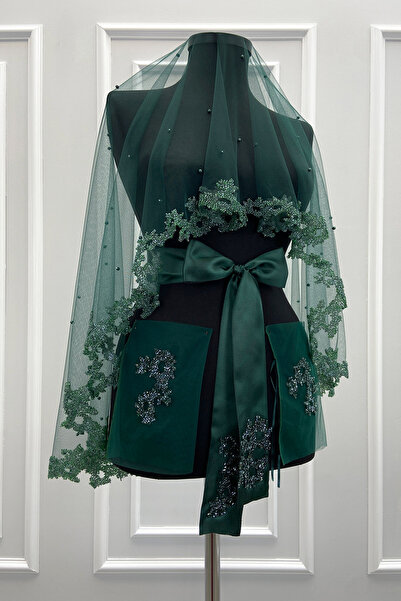 ZEYMERADE طقم ستارة العروس الخضراء مع خرز زجاجي ولؤلؤ، طقم ستارة ليلة الهينا ...