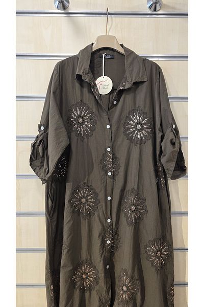 Park Moda Italian Cotton Shirt Dress with Floral Sequin Detail
