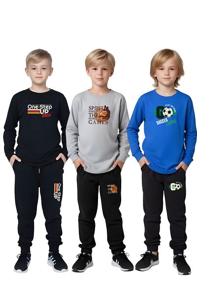 FYK COLLECTİON 3-Piece Round Neck Printed Boy's Bottom-Up Set
