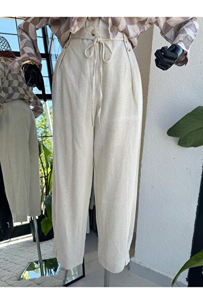 Orfeo Negro Düğme Detaylı Keten Pantolon Taş