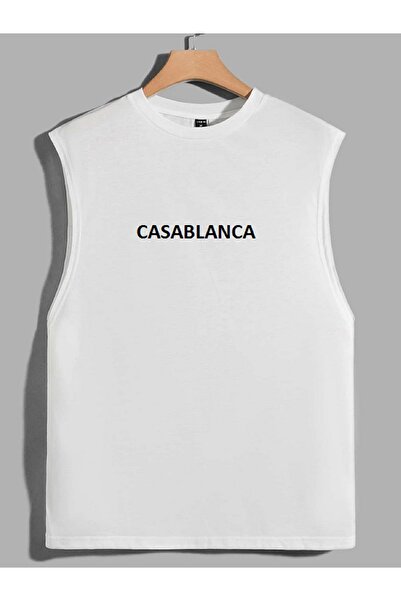 MARKATEM تي شيرت قطني بدون أكمام بقصة كاجوال من كازابلانكا مطبوع من الأمام