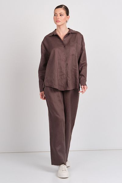 AYHAN Women's Double Pocket Elastic Waist 100% Linen Trousers 1240 Brown