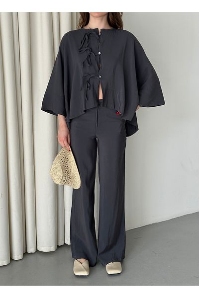 Laluvia Anthracite Collar Stitching Detailed Blouse Trousers Set - 9002