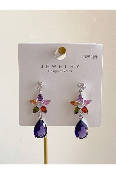 Çelik Colored Zircon Stone Dangle Flower Earrings