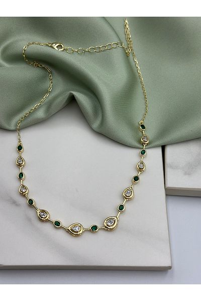 Duéra Gold Gold Tamtur Green Zircon Stone Melis Göral Brand Model Design Steel Necklace