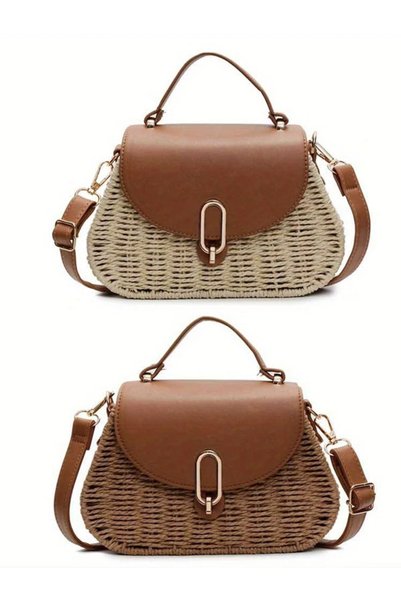 HASIR ÇANTA Palmiye Design Cross Women's Shoulder Bag Kiss Lock Breathable Brown Straw Beach Bag
