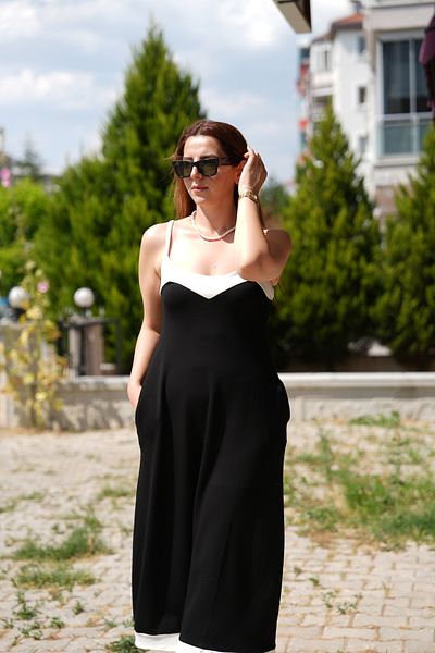 Ladies&Gentlemen Women's Black and White Piping Detailed Modal Strap Midi Dress