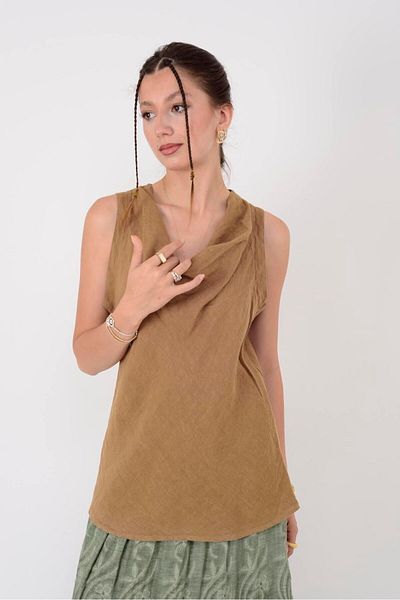 Park Moda 10101 Degaje Collar Sleeveless Linen Bluz